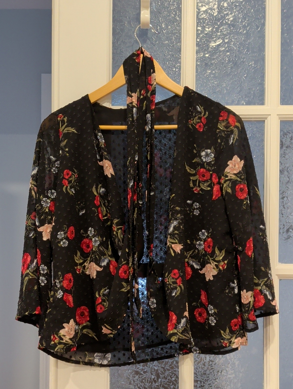 Dynamite Black Floral Tie-Front Blazer with Red & Pink Flowers